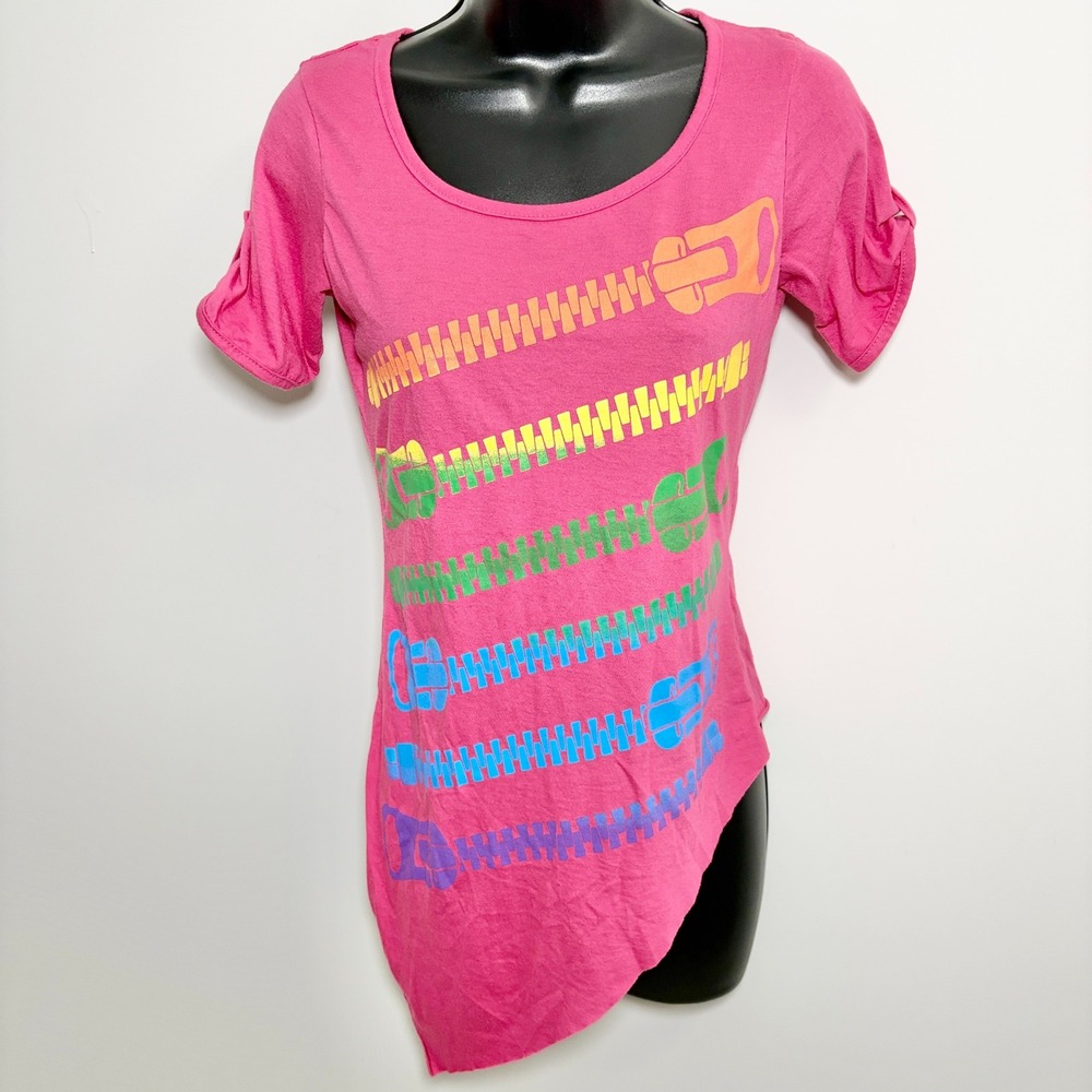 Y2K Onion Laundry T-Shirt Rainbow Zipper Graphic Asymmetrical XL Pink